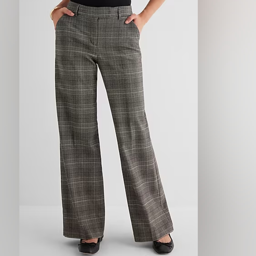 EXPRESS: Plaid Editor Mid-Rise Flare Trousers